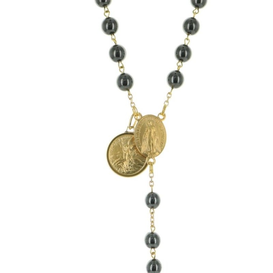 Palais du Rosaire Chapelet Plaque Or | Chapelet De Combat Plaque Or Avec Grains En Pierres D'Hematite