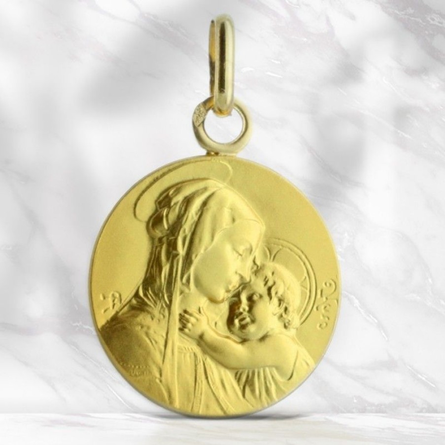 Palais du Rosaire Medaille Et Croix Or | Medaille De La Vierge A L'Enfant Or 16Mm
