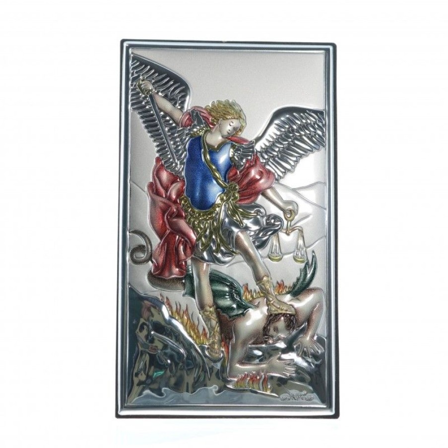 Palais du Rosaire Cadre Religieux | Cadre De Saint Michel Colorise 6X11Cm En Argent