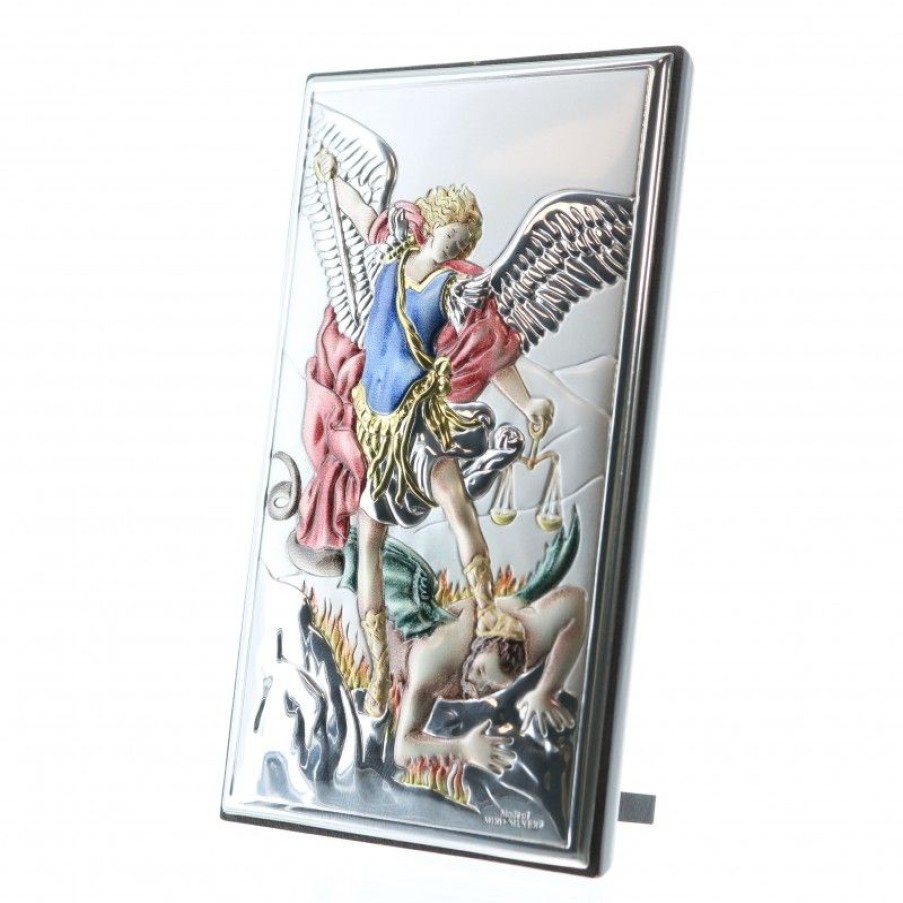 Palais du Rosaire Cadre Religieux | Cadre De Saint Michel Colorise 6X11Cm En Argent