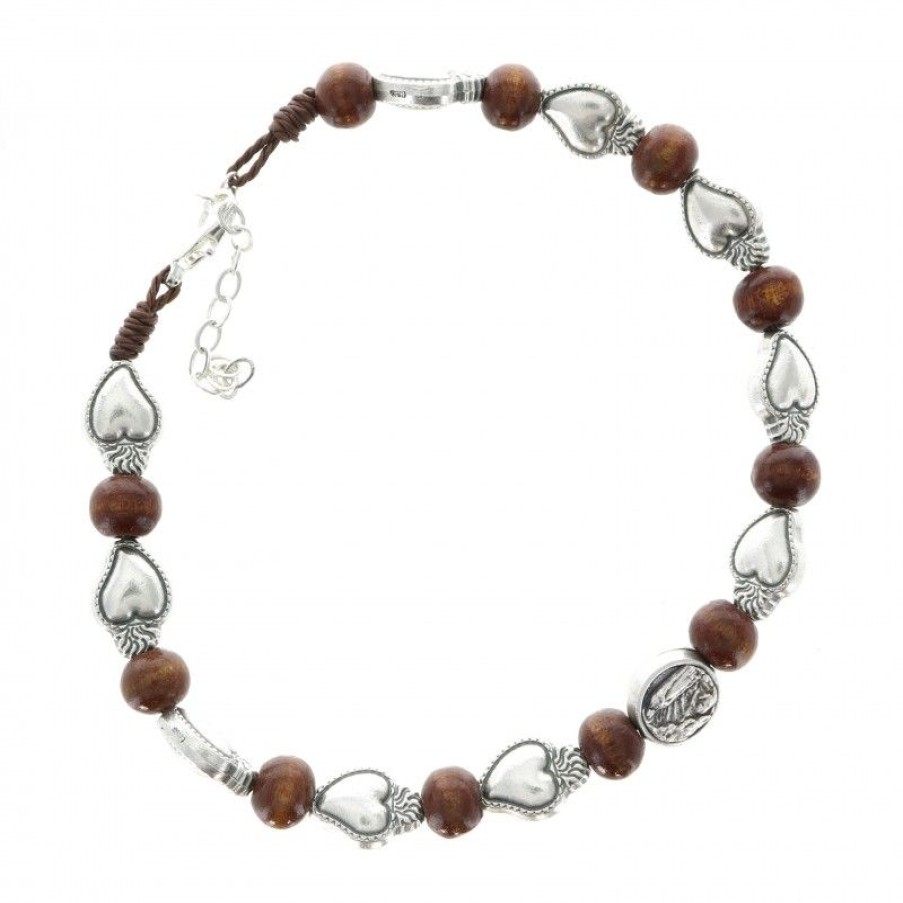 Palais du Rosaire Bracelet Fantaisie | Bracelet Avec Grains En Bois Et Coeur Ex Voto En Metal Argente