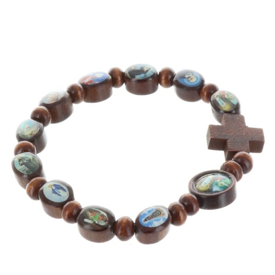 Palais du Rosaire Bracelet Fantaisie | Bracelet Religieux Images De Saints Sur Perle En Bois Vernies.