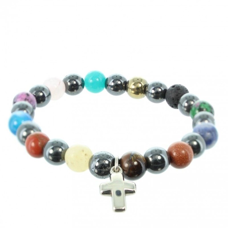 Palais du Rosaire Bracelet Fantaisie | Bracelet En Differentes Pierres Naturelles D'Hematite Avec Croix