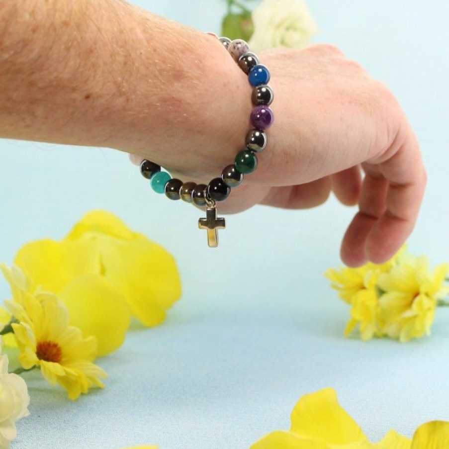 Palais du Rosaire Bracelet Fantaisie | Bracelet En Differentes Pierres Naturelles D'Hematite Avec Croix