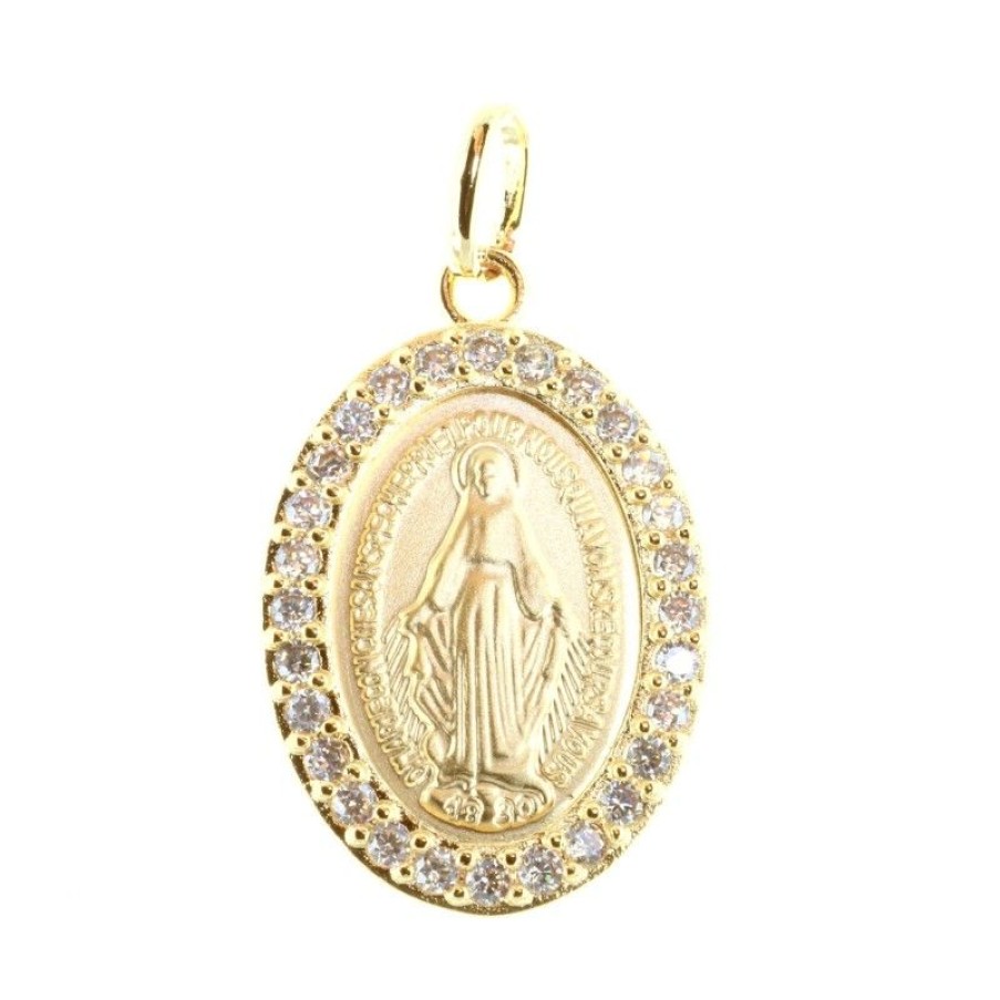 Palais du Rosaire Medaille Et Croix Plaque Or | Medaille Plaque Or, Vierge Miraculeuse Et Contours Strass 25Mm