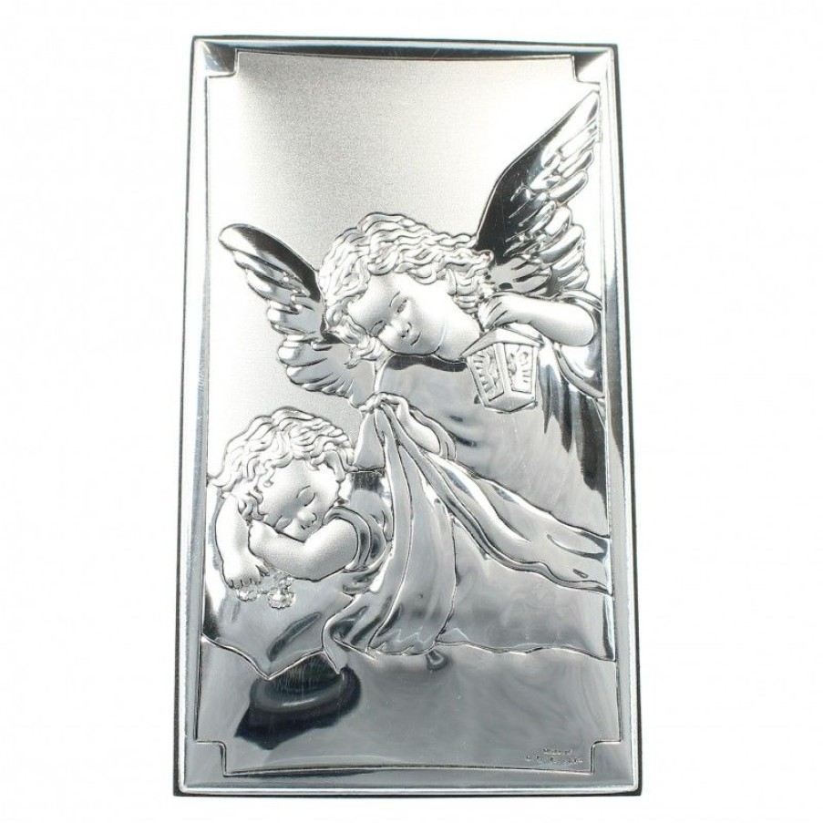 Palais du Rosaire Cadre Religieux | Cadre De L'Ange Gardien En Metal Argente Sur Bois 6X11Cm