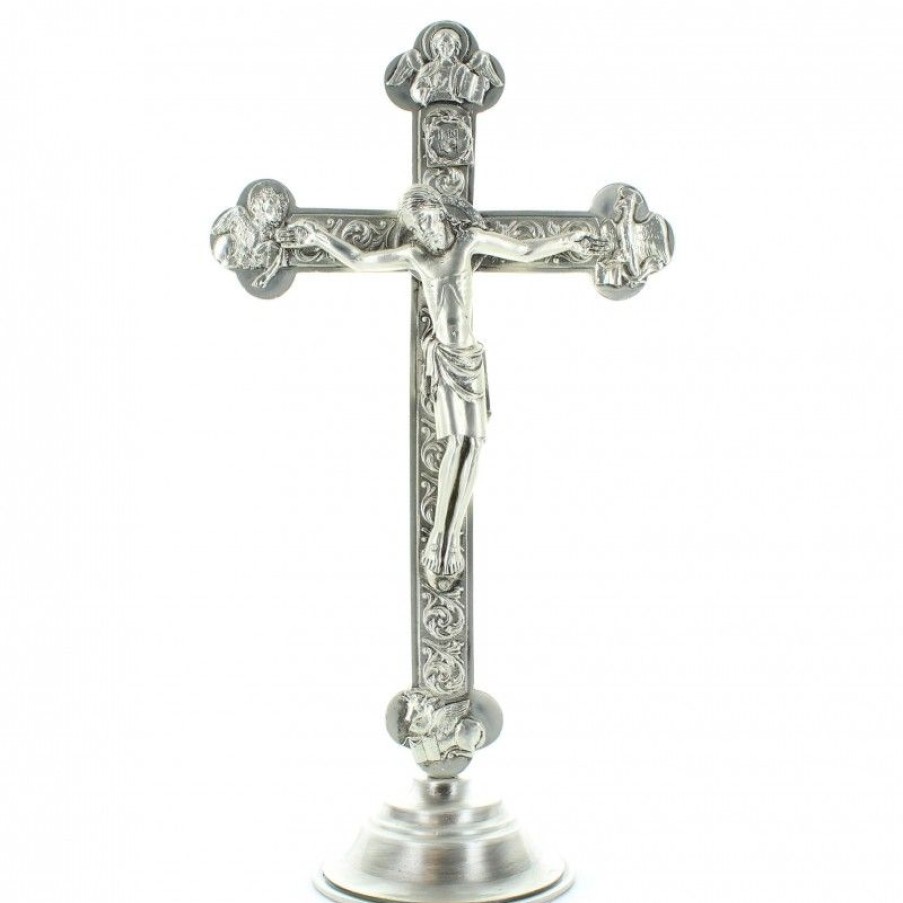 Palais du Rosaire Crucifix Metal | Crucifix Sur Socle 4 Evangeliste 26 Cm