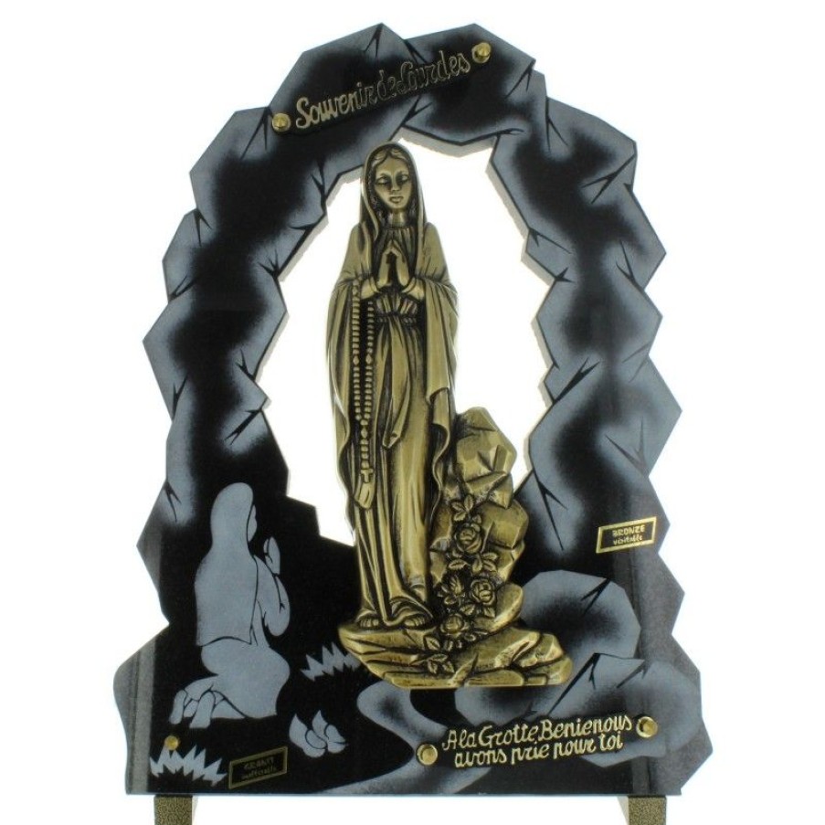 Palais du Rosaire Plaque Funeraire | Plaque Funeraire En Granit En Forme De Grotte Avec La Vierge En Bronze 33X44Cm