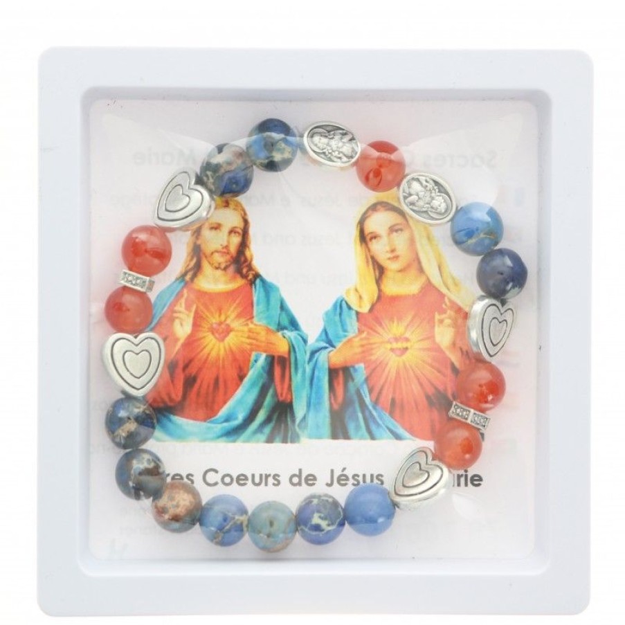 Palais du Rosaire Bracelet Fantaisie | Bracelet Sacres Coeurs De Jesus Et Marie En Pierres Semi-Precieuses