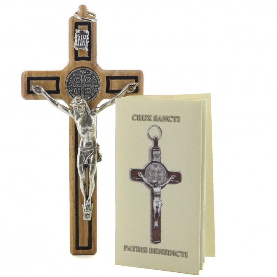Palais du Rosaire Crucifix Bois | Crucifix De Saint Benoit En Bois D'Olivier Avec Medaille Argentee 12 Cm