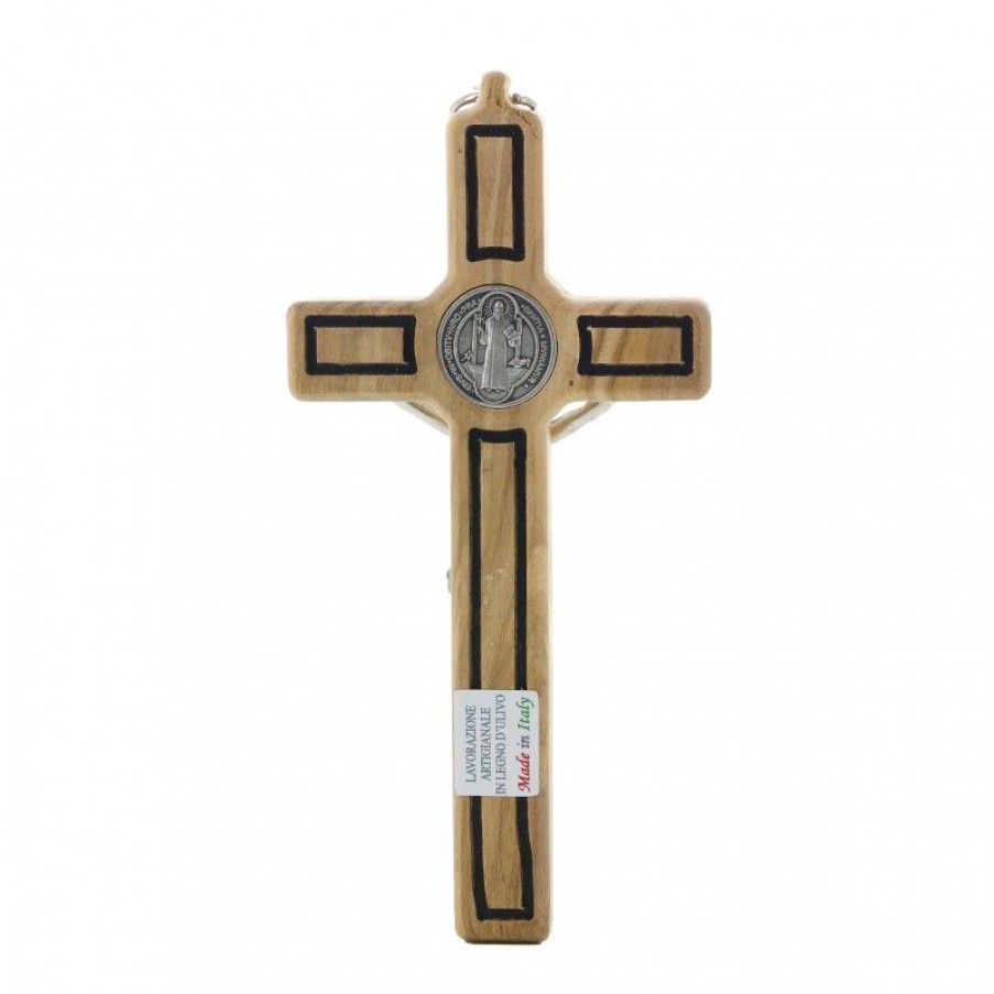 Palais du Rosaire Crucifix Bois | Crucifix De Saint Benoit En Bois D'Olivier Avec Medaille Argentee 12 Cm