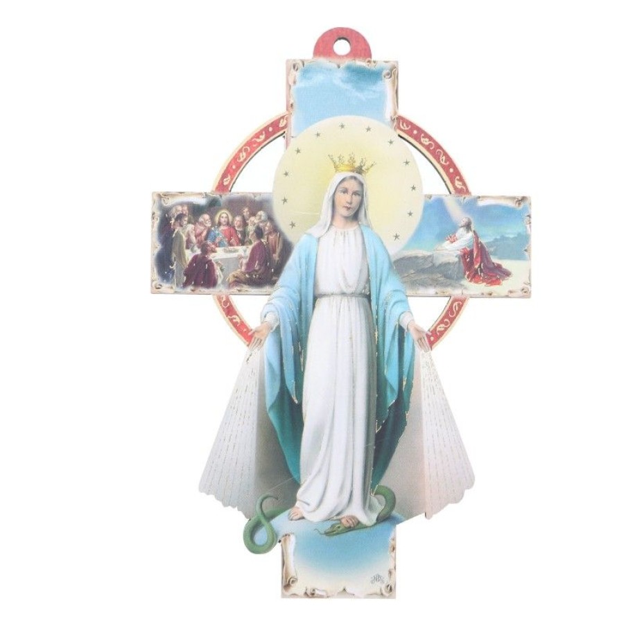 Palais du Rosaire Croix Religieuse | Croix De La Vierge Miraculeuse En Bois Decoupe 10X15Cm