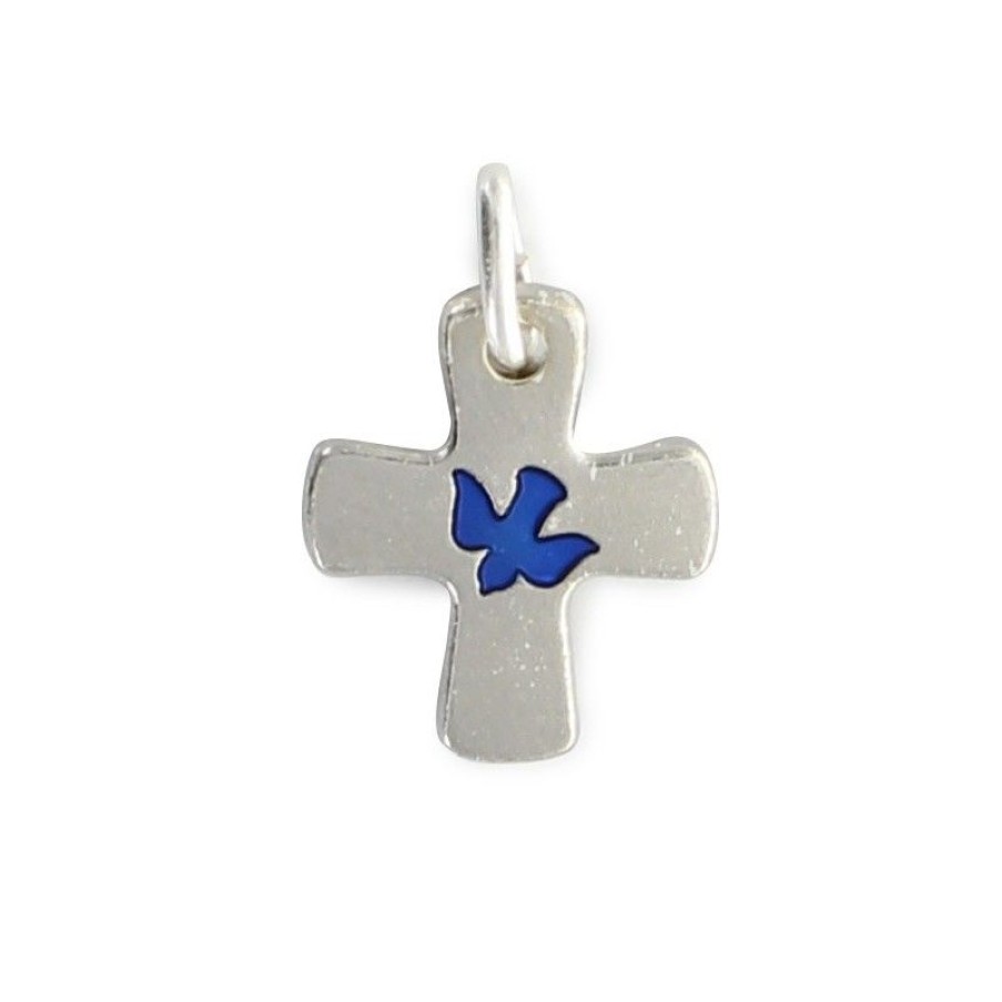 Palais du Rosaire Medaille Et Croix Metal | Croix Argentee Avec Colombe Bleu Incrustee De 16 Mm