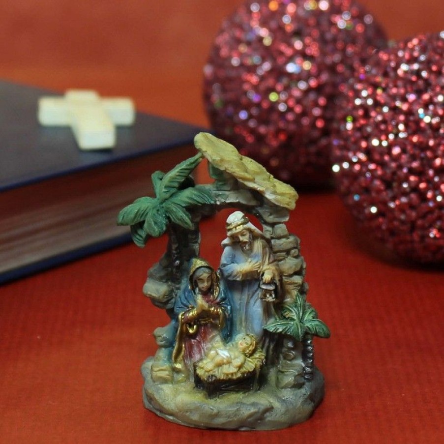 Palais du Rosaire Creche | Creche De La Sainte Famille Avec Un Palmier - Resine - 5Cm