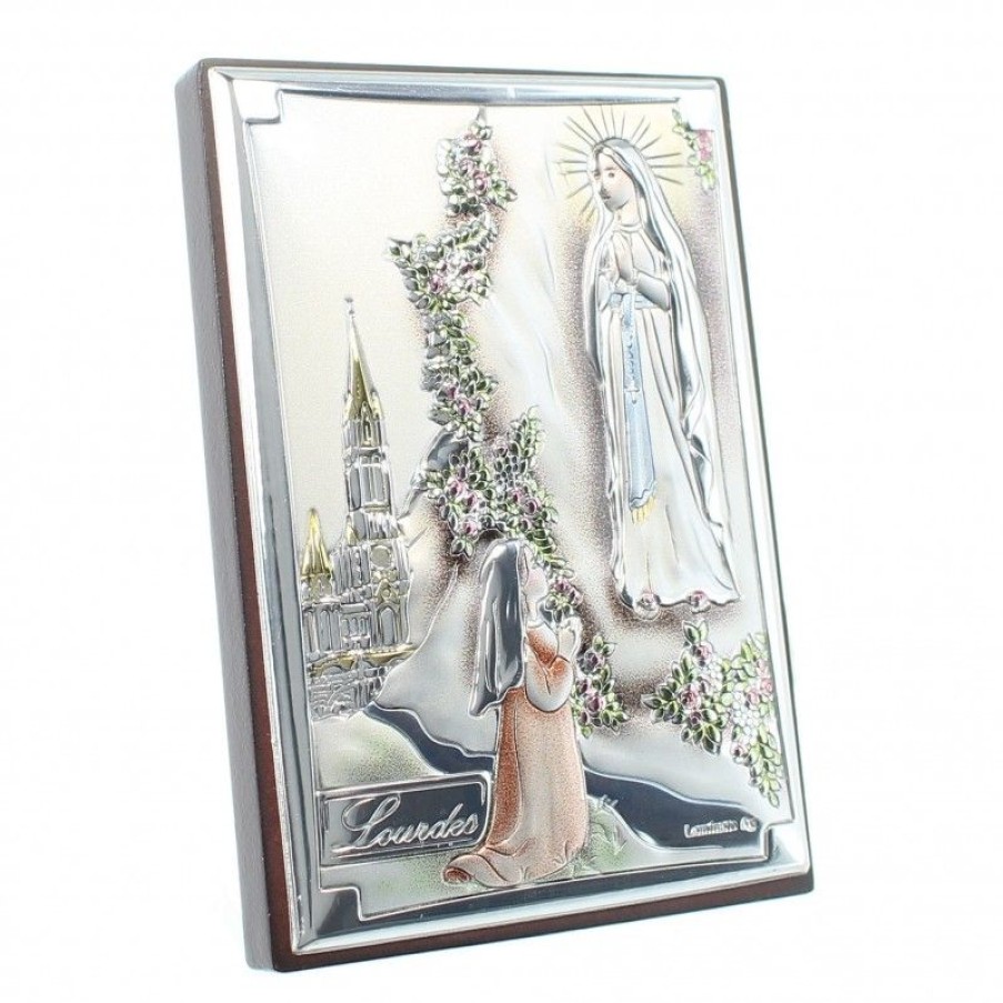Palais du Rosaire Cadre Religieux | Cadre De L'Apparition De Lourdes Colorisee En Metal Argente Sur Bois 5X7Cm
