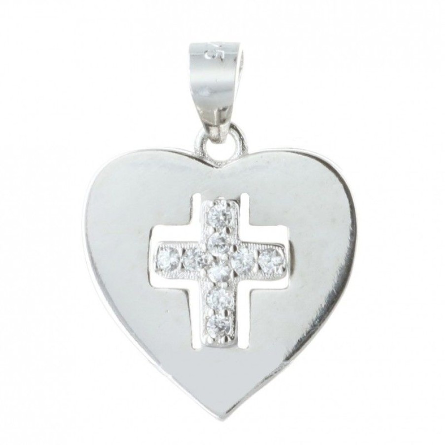Palais du Rosaire Medaille Et Croix Argent | Medaille Argent En Forme De Coeur Avec Une Croix En Strass