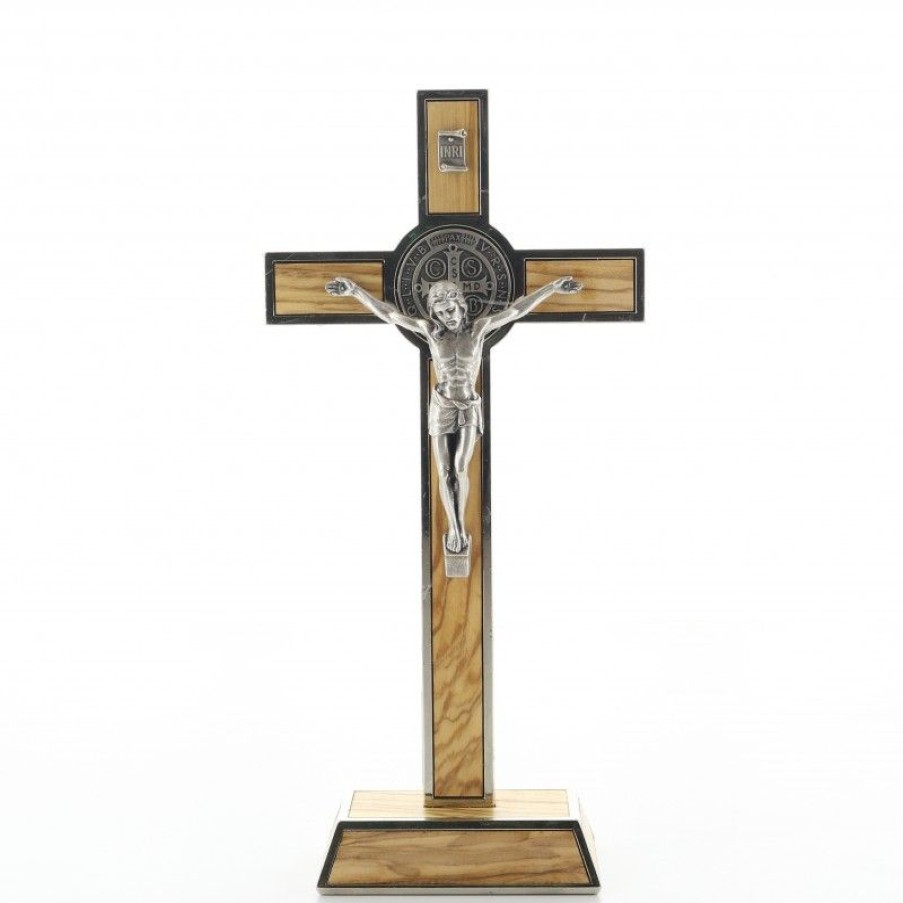 Palais du Rosaire Crucifix Bois | Crucifix De Saint Benoit En Bois D'Olivier Et Metal 20 Cm