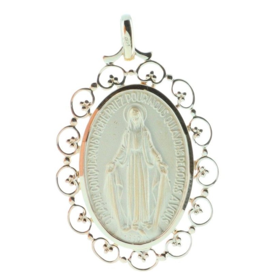 Palais du Rosaire Medaille Et Croix Plaque Or | Medaille Vierge Miraculeuse Plaque Or 32 Mm Tour Dentelle