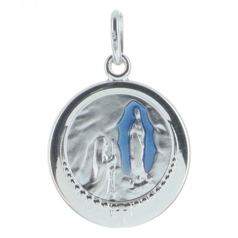 Palais du Rosaire Medaille Et Croix Argent | Medaille De Lourdes En Argent Emaillee Bleu