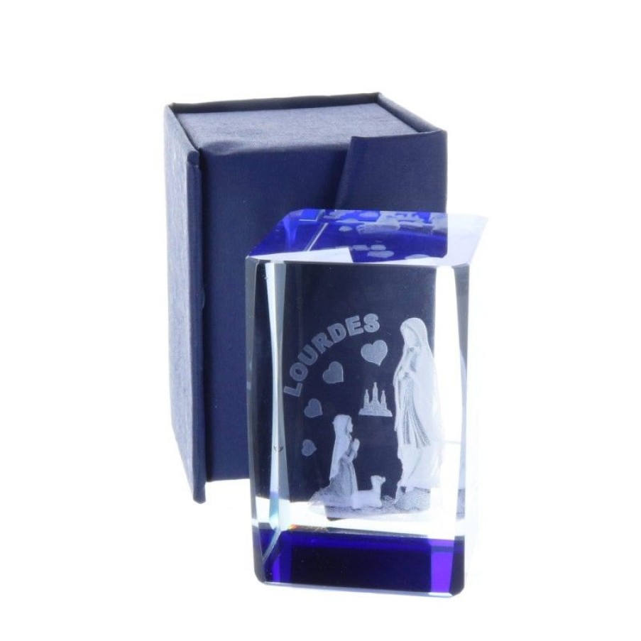Palais du Rosaire Verre Grave | Verre Grave Laser 3D Reflets Bleus Apparition De Lourdes Et Coeurs 6 Cm