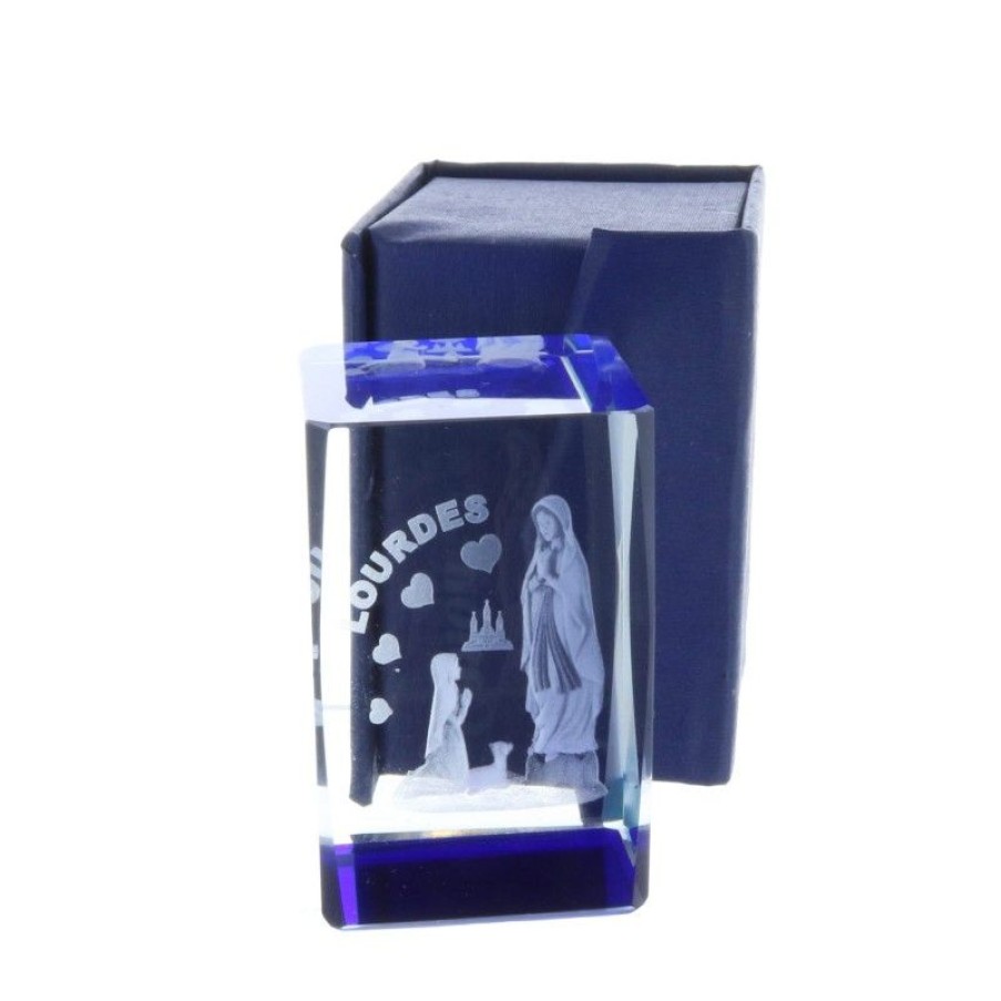 Palais du Rosaire Verre Grave | Verre Grave Laser 3D Reflets Bleus Apparition De Lourdes Et Coeurs 6 Cm