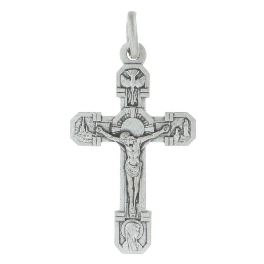 Palais du Rosaire Medaille Et Croix Metal | Pendentif Croix De Lourdes En Metal Argente 6,5Cm