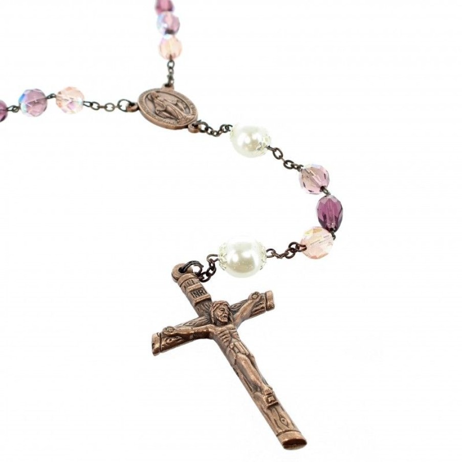 Palais du Rosaire Chapelet Verre | Chapelet En Verre Tons Violets Avec Coeur Vierge Miraculeuse Et Perles Blanches
