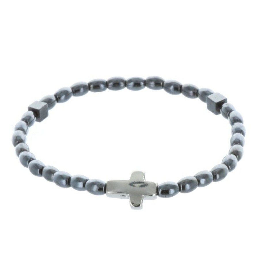 Palais du Rosaire Bracelet Dizainier | Bracelet Dizainier Elastique Grains Hematite Et Croix Argentee