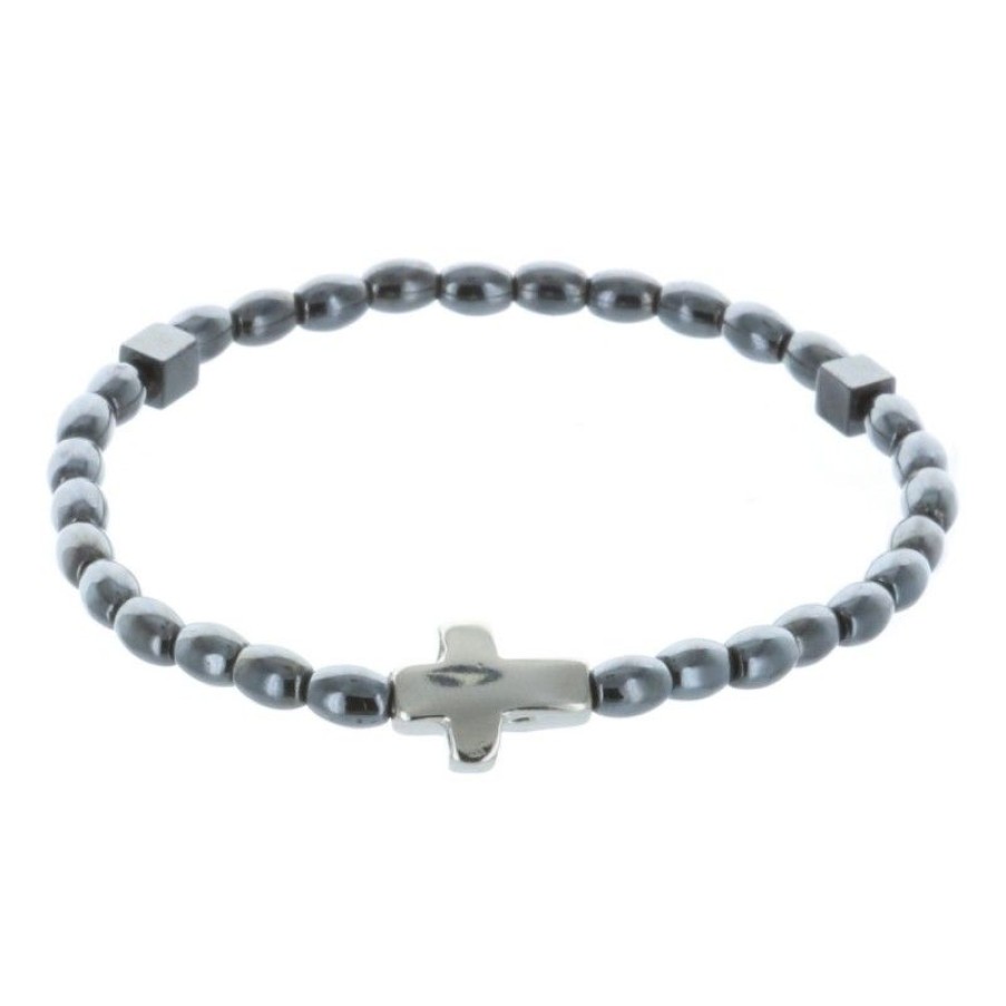 Palais du Rosaire Bracelet Dizainier | Bracelet Dizainier Elastique Grains Hematite Et Croix Argentee