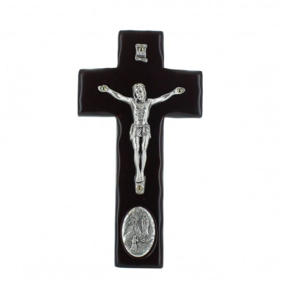 Palais du Rosaire Crucifix Bois | Crucifix En Bois Avec Medaille De L'Apparition De Lourdes