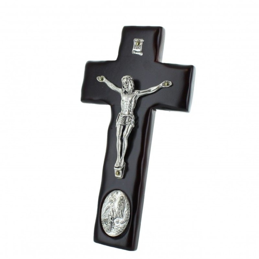 Palais du Rosaire Crucifix Bois | Crucifix En Bois Avec Medaille De L'Apparition De Lourdes