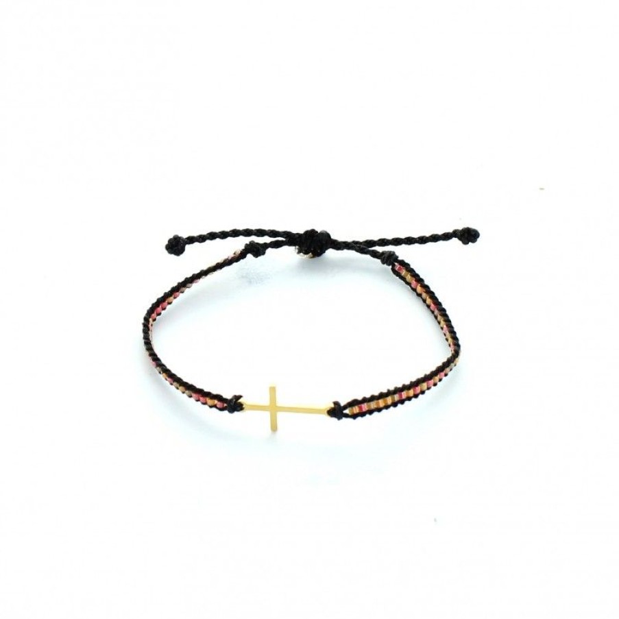 Palais du Rosaire Bracelet Fantaisie | Bracelet Noir Avec Croix Doree