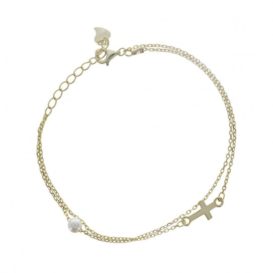 Palais du Rosaire Bracelet Argent | Bracelet Chaine Double Avec Croix Et Perle De Nacre En Argent Dore