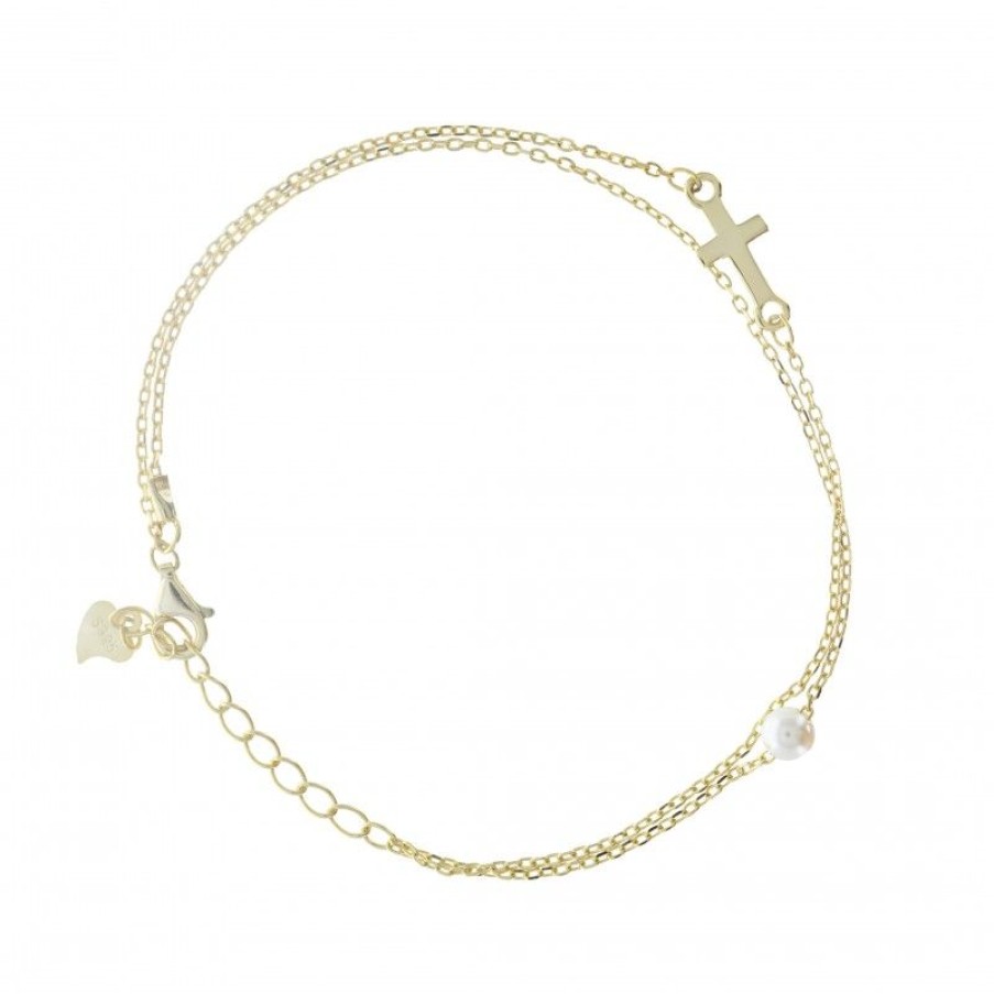 Palais du Rosaire Bracelet Argent | Bracelet Chaine Double Avec Croix Et Perle De Nacre En Argent Dore