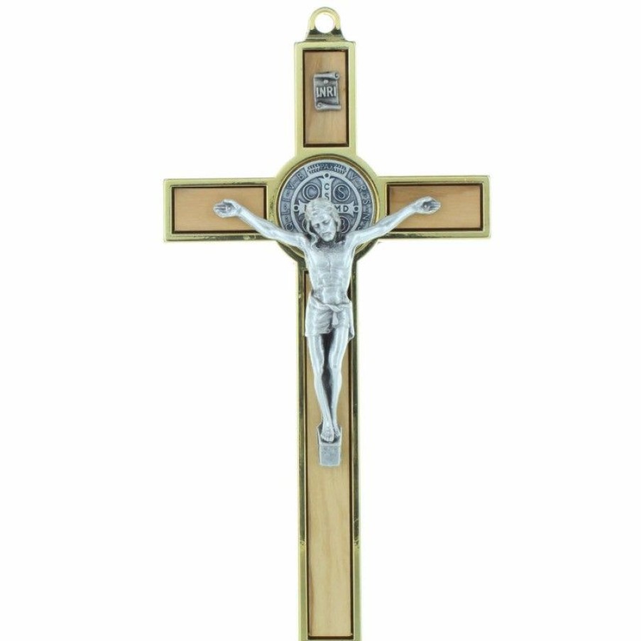 Palais du Rosaire Crucifix Bois | Crucifix De Saint Benoit En Bois D'Olivier Et Metal Dore 13Cm