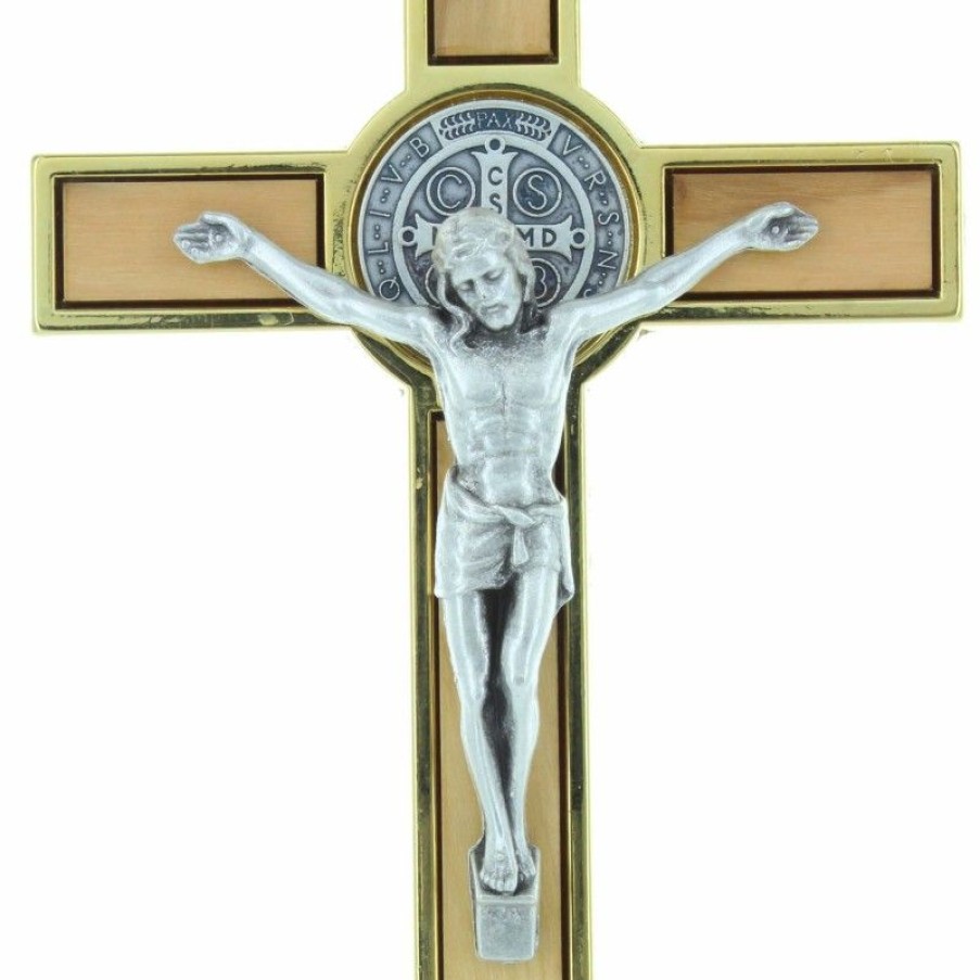 Palais du Rosaire Crucifix Bois | Crucifix De Saint Benoit En Bois D'Olivier Et Metal Dore 13Cm