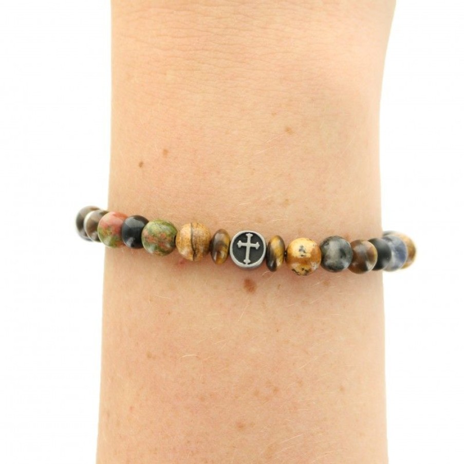 Palais du Rosaire Bracelet Fantaisie | Bracelet En Pierres Naturelles Avec Medaillon D'Une Croix