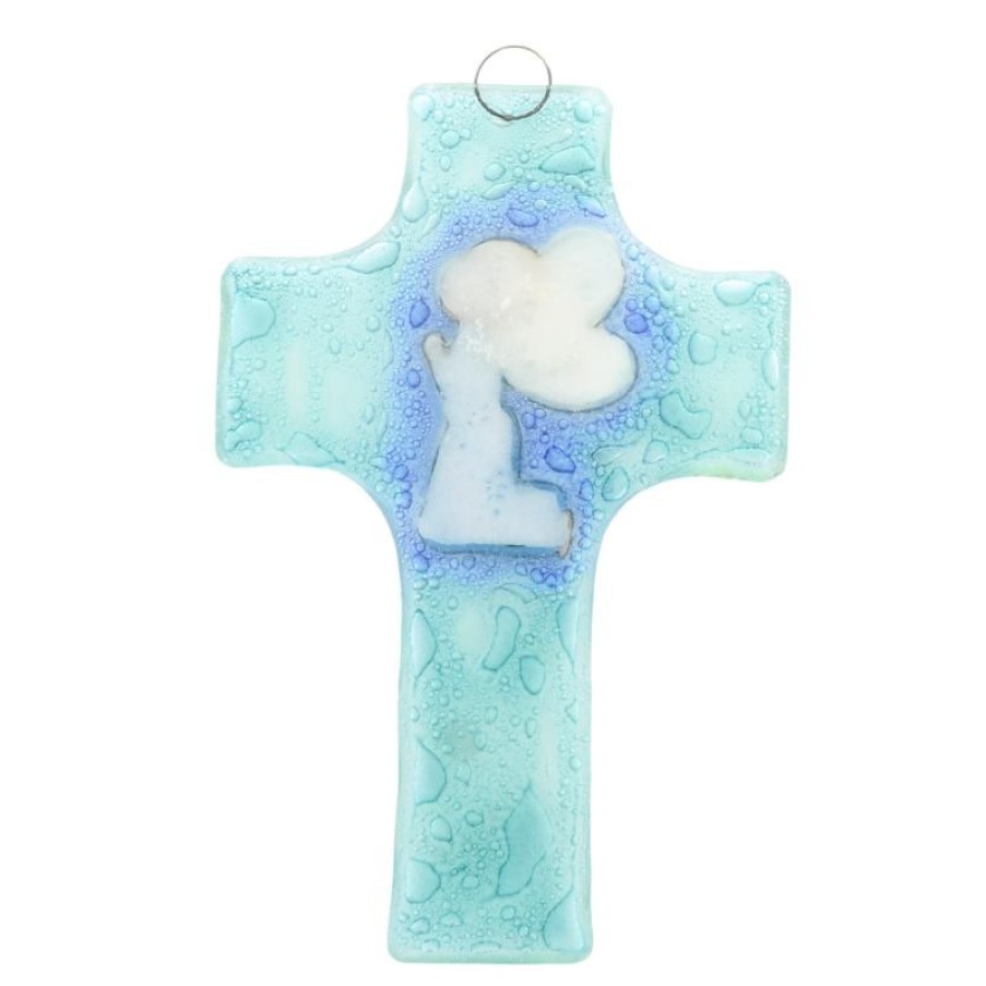 Palais du Rosaire Croix Religieuse | Croix Religieuse En Verre Illustree D'Un Ange Priant 8X12Cm