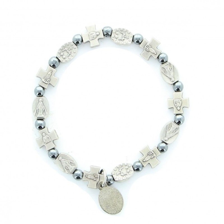 Palais du Rosaire Bracelet Fantaisie | Bracelet En Hematite Avec Croix En Perle Et Medaille Miraculeuse
