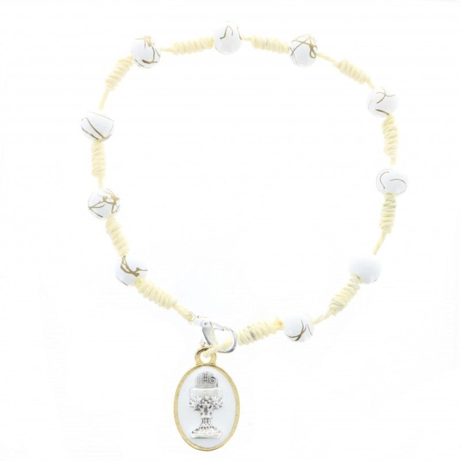 Palais du Rosaire Bracelet Dizainier | Bracelet De Communion Sur Corde Avec Perles Blanches