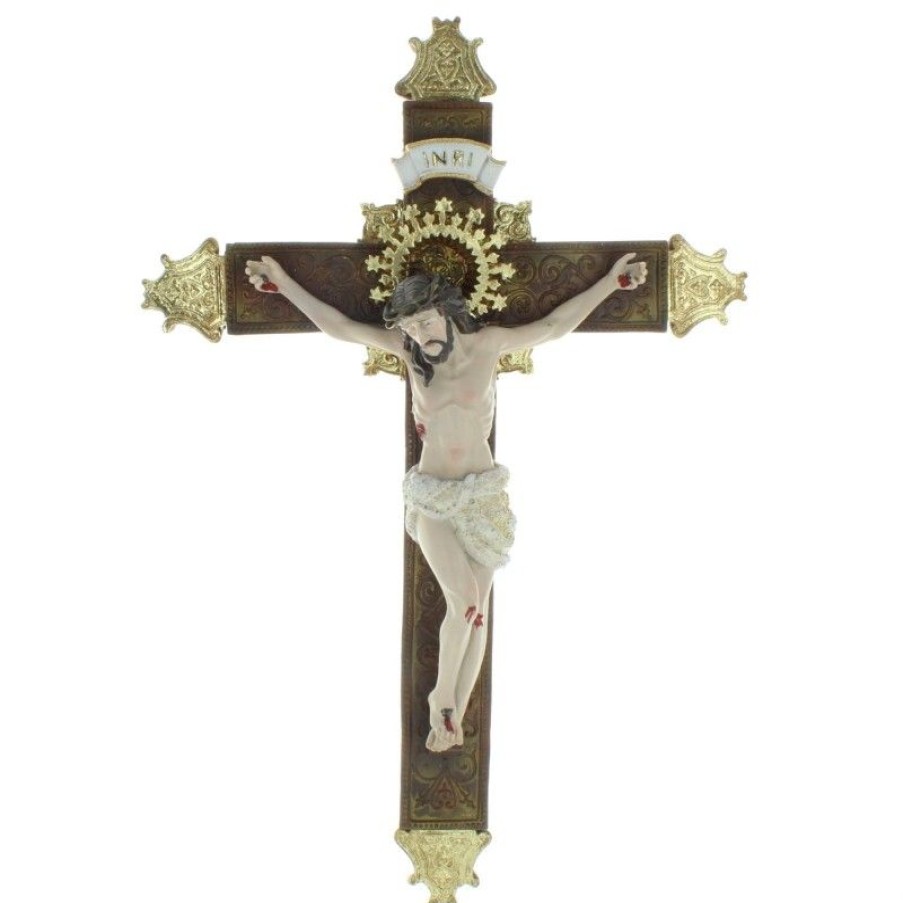 Palais du Rosaire Crucifix Bois | Crucifix Resine Avec Le Christ Realiste, Style Baroque 35Cm