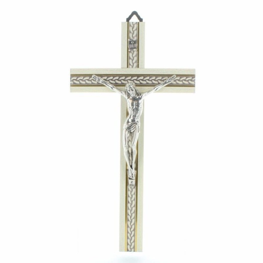 Palais du Rosaire Crucifix Bois | Crucifix En Bois Blanc Avec Christ En Metal 20 Cm