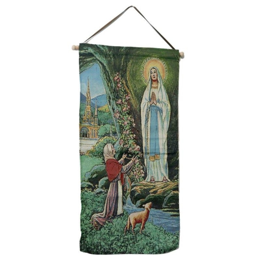 Palais du Rosaire Cadre Religieux | Tenture En Tissu De L'Apparition De Lourdes Brodee En Doree