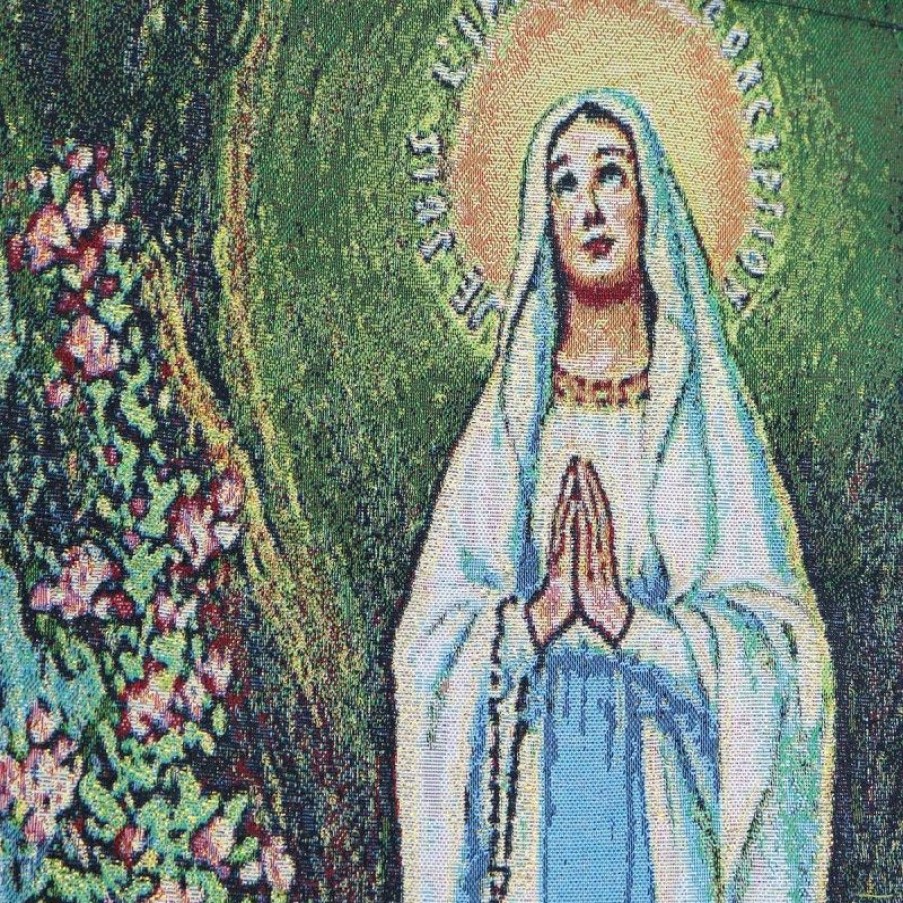 Palais du Rosaire Cadre Religieux | Tenture En Tissu De L'Apparition De Lourdes Brodee En Doree