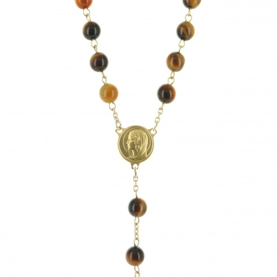 Palais du Rosaire Chapelet Plaque Or | Chapelet Plaque Or Avec Grains En Pierre Oeil De Tigre
