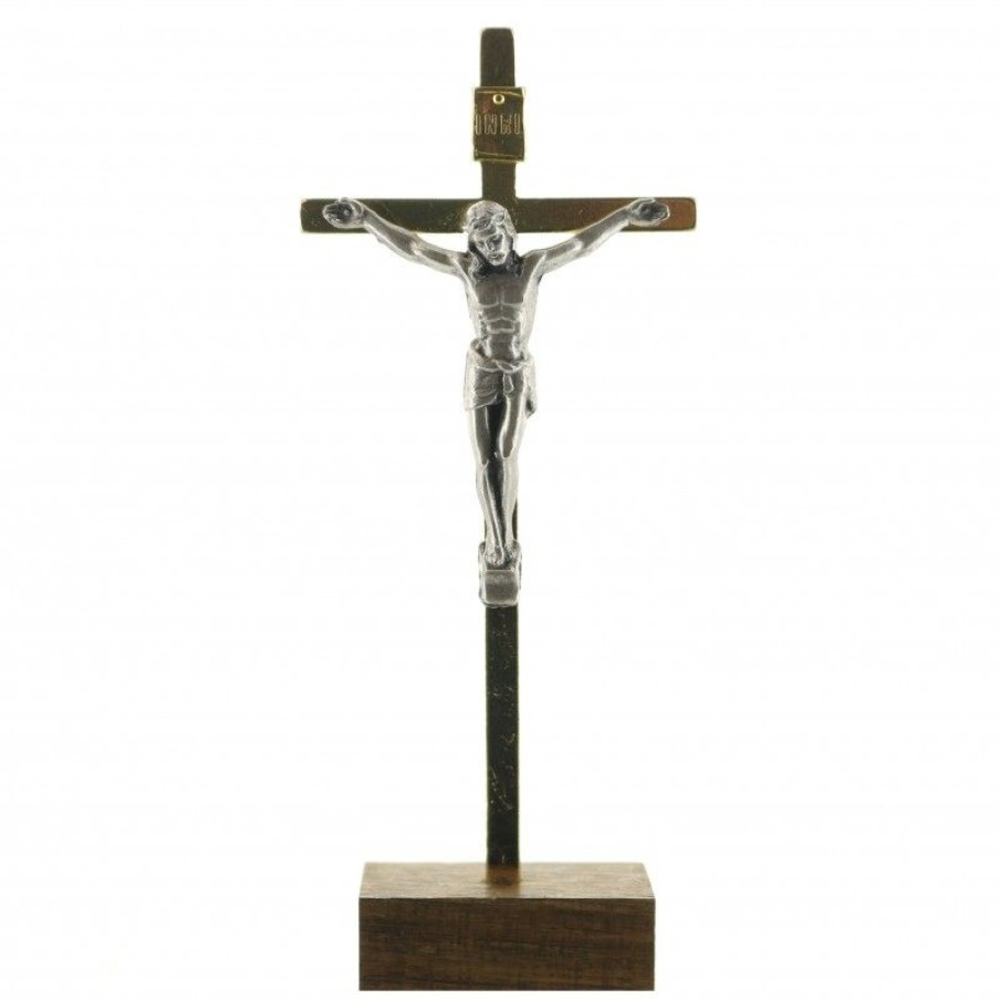 Palais du Rosaire Crucifix Metal | Crucifix En Metal Avec Socle En Bois 8Cm