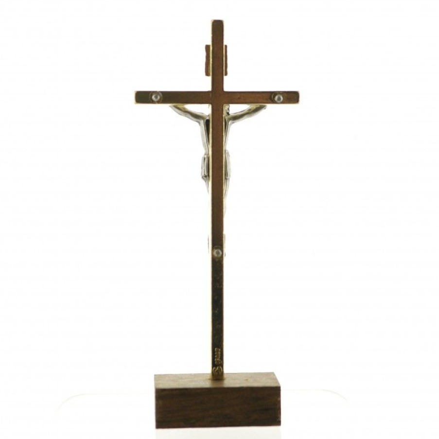 Palais du Rosaire Crucifix Metal | Crucifix En Metal Avec Socle En Bois 8Cm