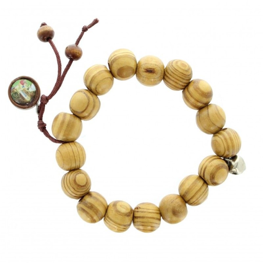 Palais du Rosaire Bracelet Fantaisie | Bracelet Avec Grains En Bois Et Medaille De Lourdes