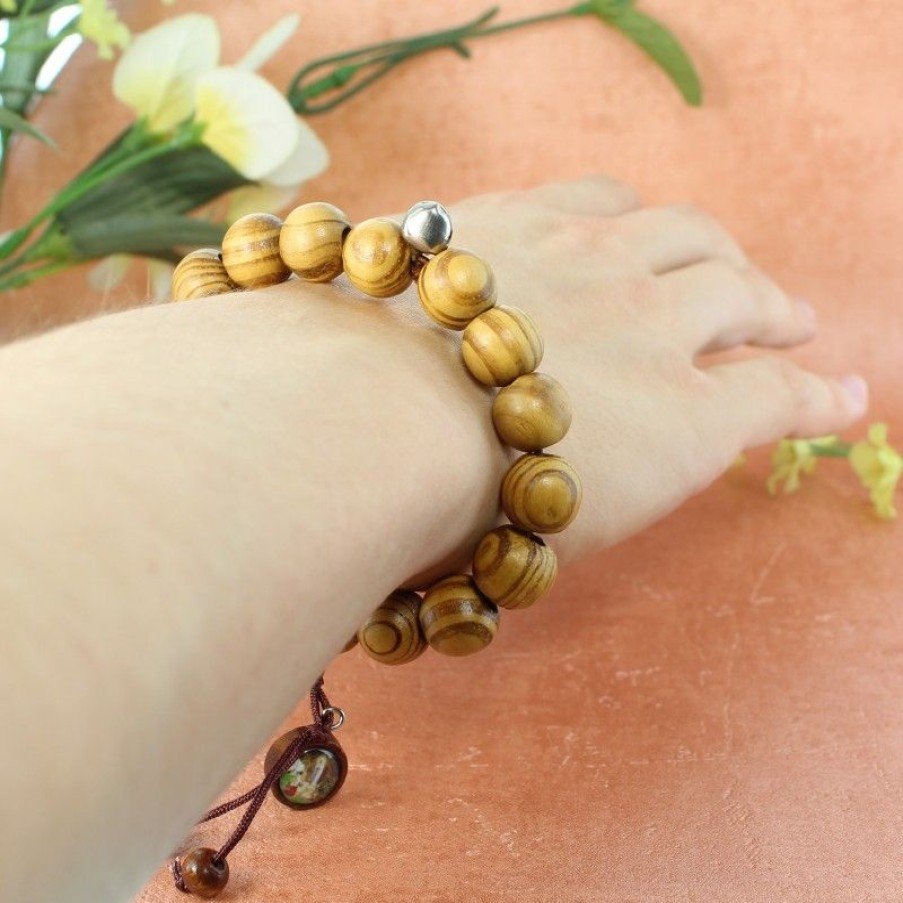Palais du Rosaire Bracelet Fantaisie | Bracelet Avec Grains En Bois Et Medaille De Lourdes