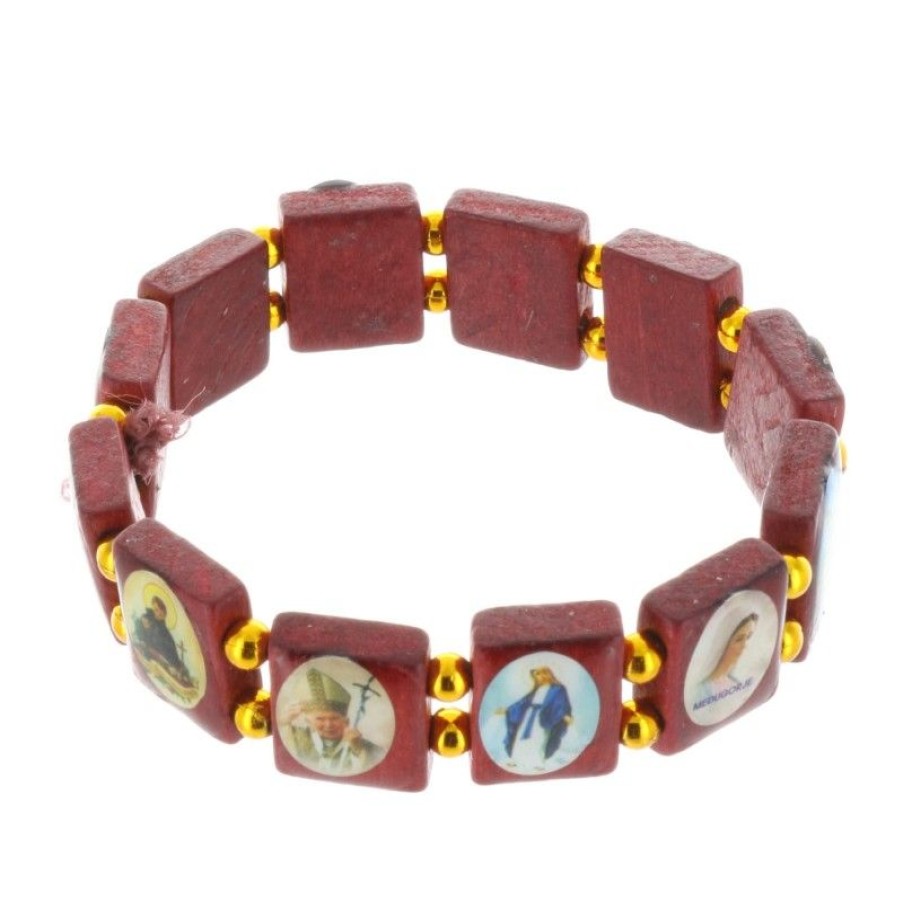Palais du Rosaire Bracelet Fantaisie | Bracelet Religieux Images De Saints Sur Perles Carrees En Bois